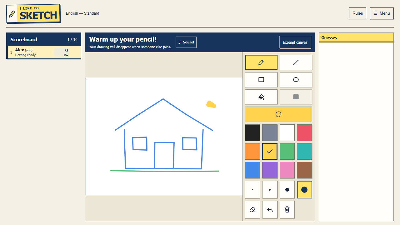 A colourful house drawn in the room’s practice canvas, with pen tools and colours beside it.