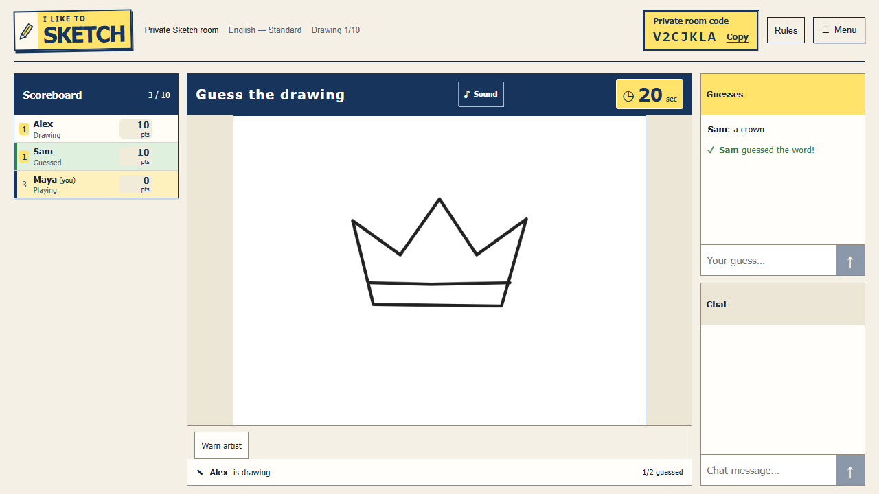 A guesser’s view of the drawing with recent answers, scores and the message box.