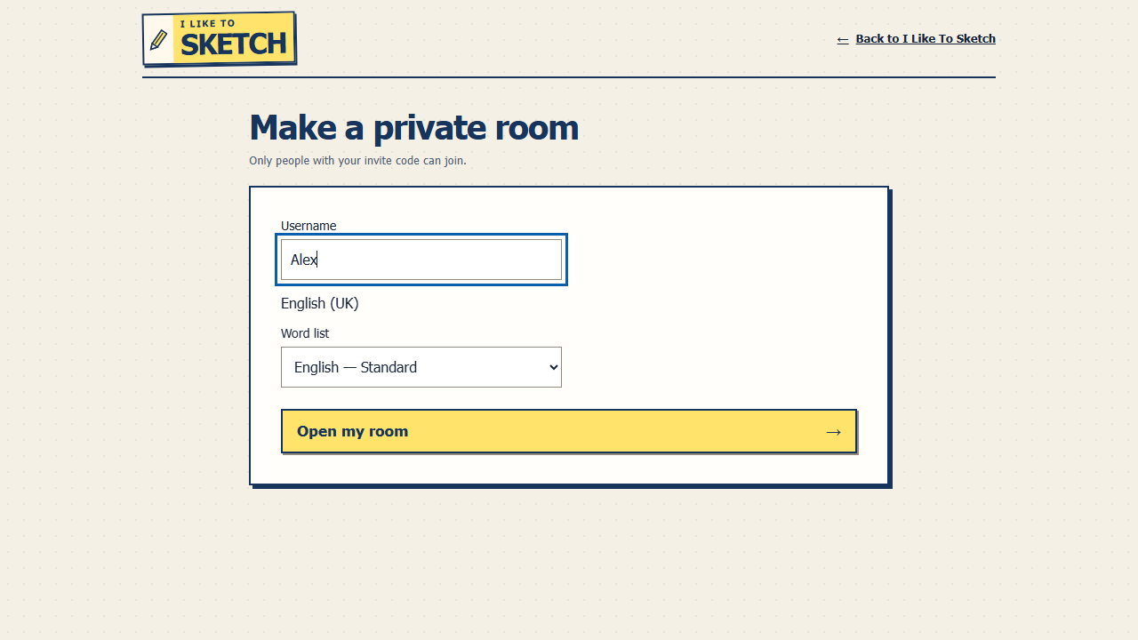 Private-room setup with a username field and word-list selection.