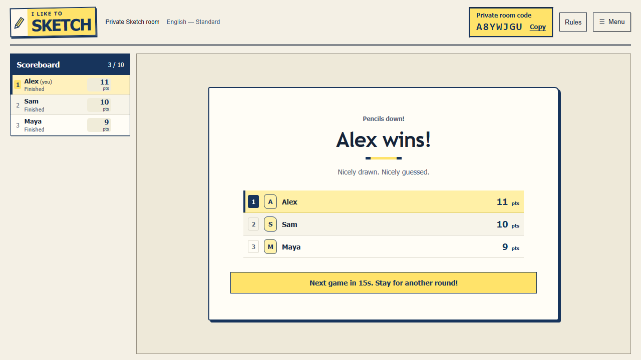 The end-of-game scorecard with the winner, player scores and next-game countdown.