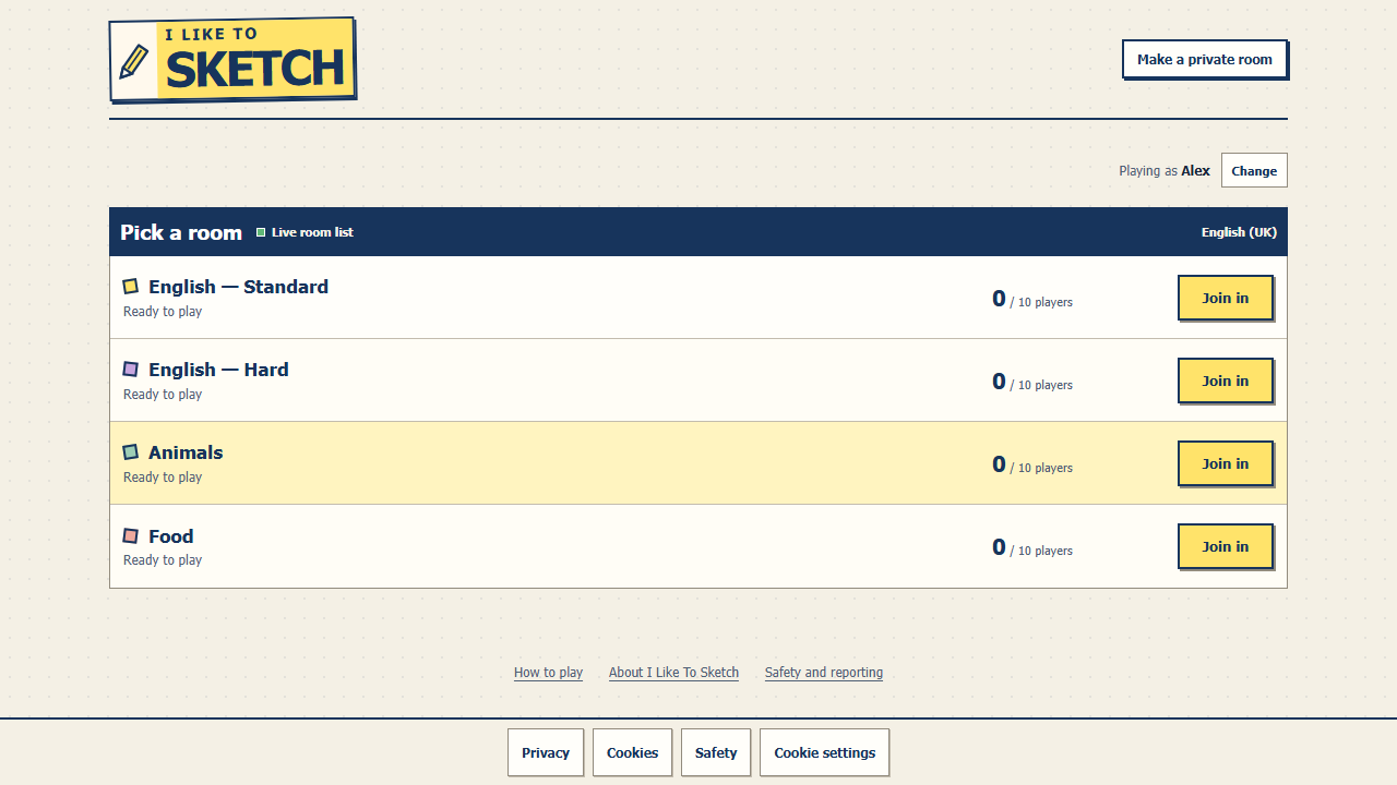 Public drawing-game rooms with category names, player counts and join buttons.